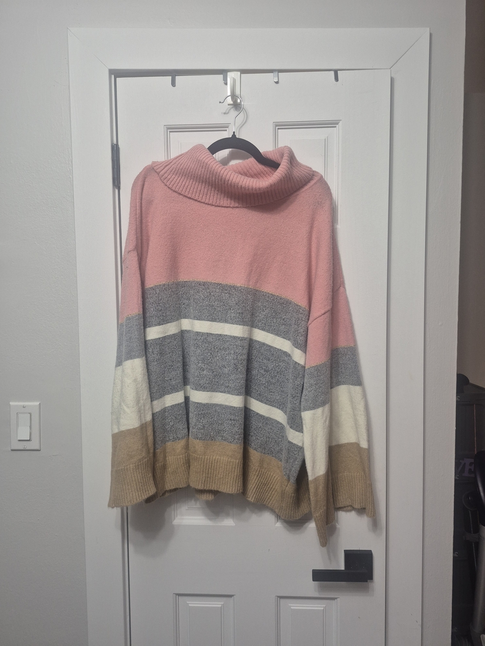 H by Halston Pink Gray Cream Tan Striped Cowl Neck Sweater
